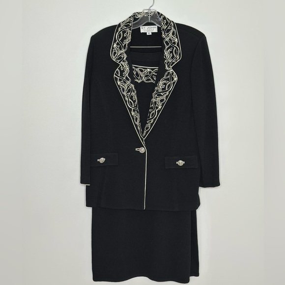 St. John Evening 2 PC Suit Black Santana Jacket & Skirt Ornate Design Size 16 - Picture 1 of 13